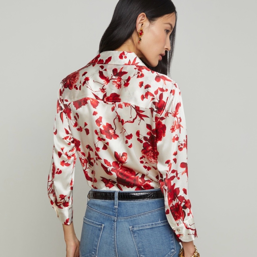 L’Agence Dani Silk Floral Red and White Blouse size XS - Picture 3 of 13